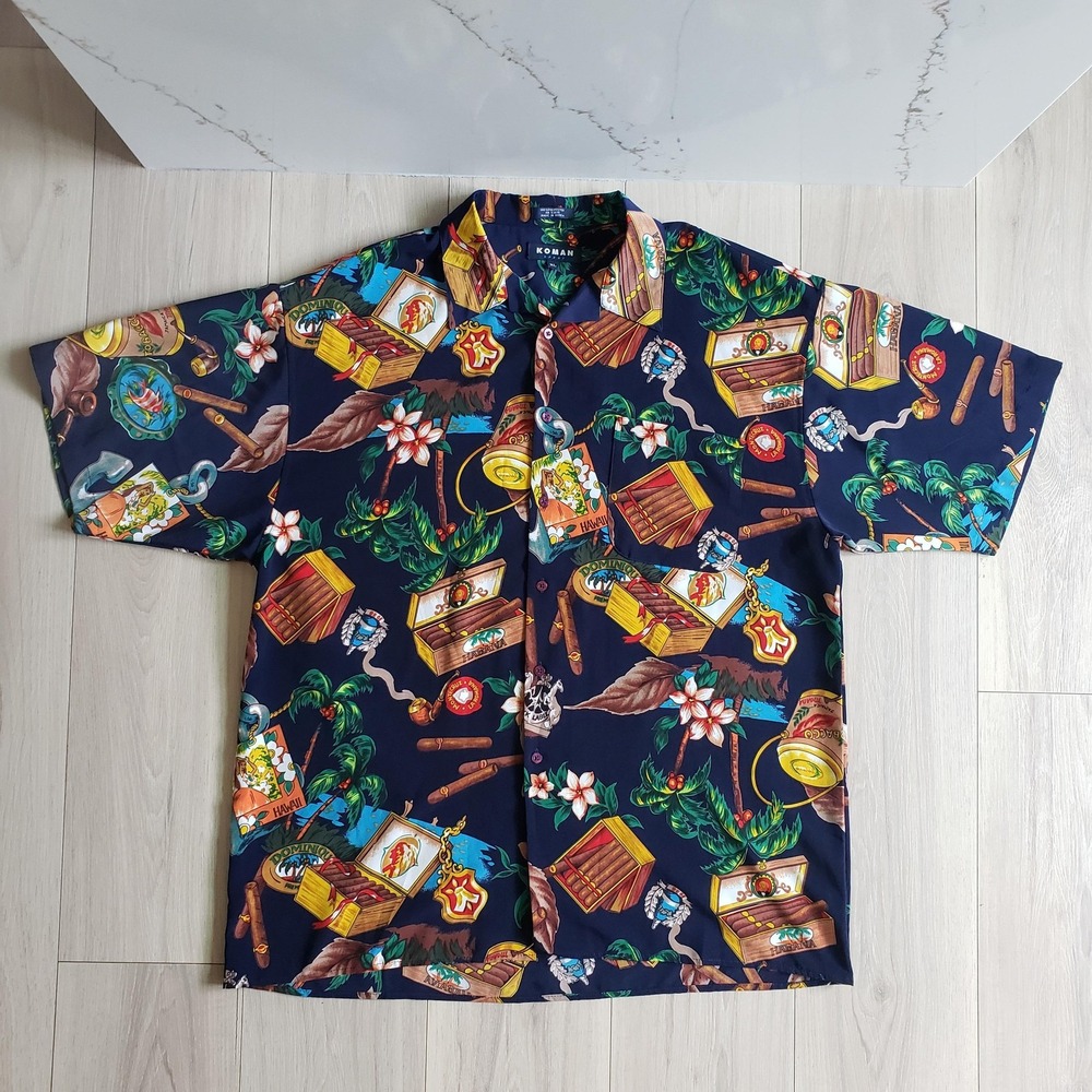 Vintage Koman Sport Shirt Mens XL Blue Hawaiian Cigar Box Tropical Button Up
